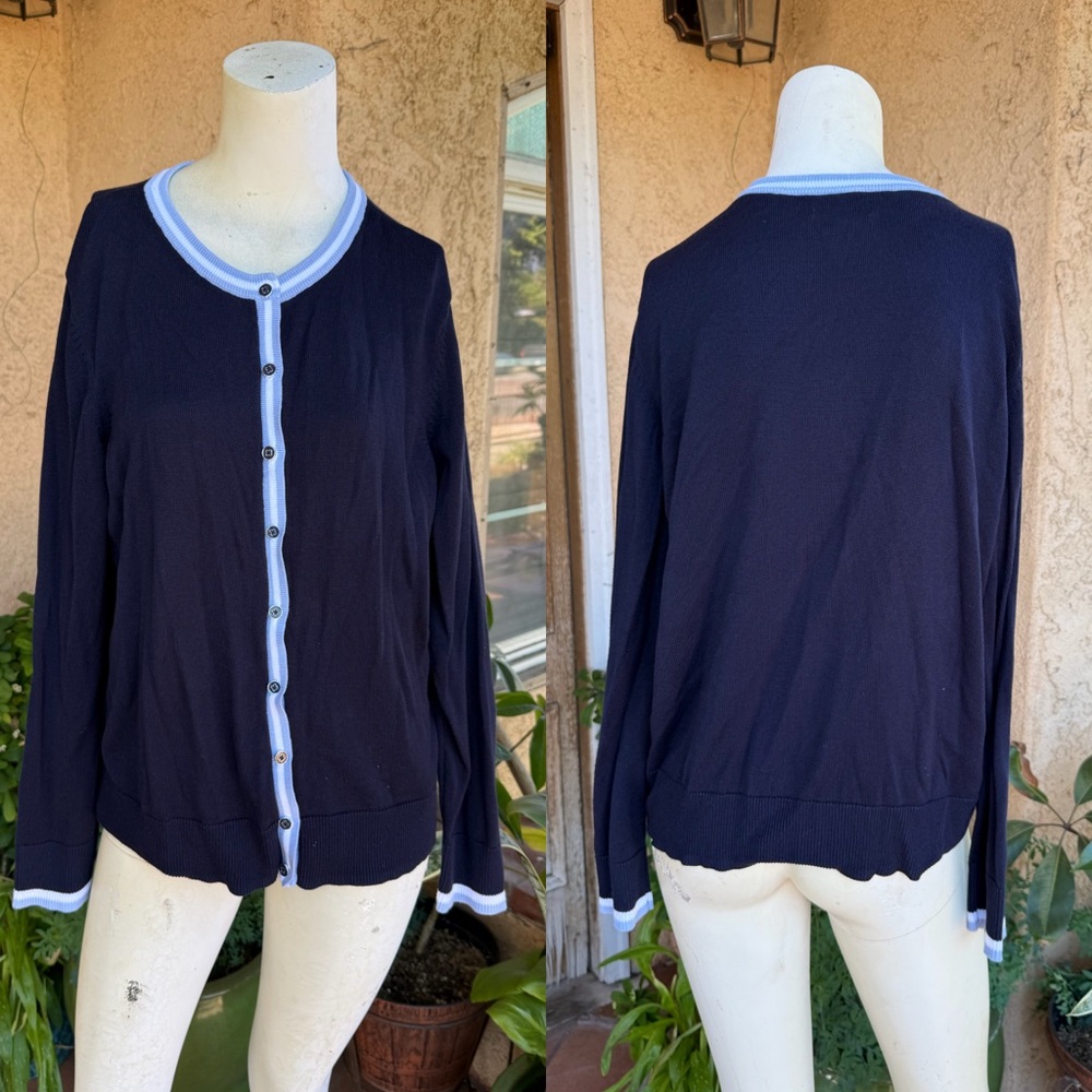 Croft & Barrow Dark Blue Cardigan with Light Blue Trim LARGE